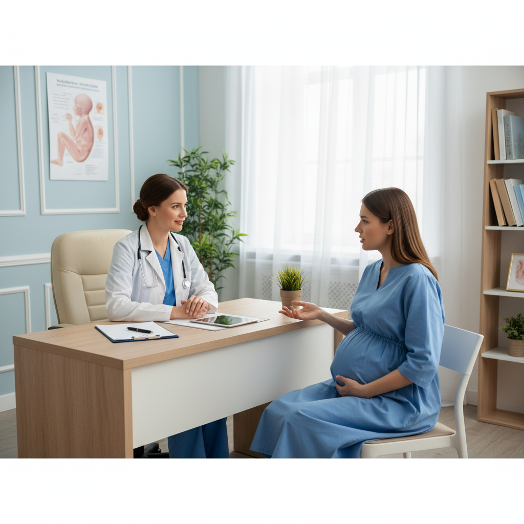 Bác sĩ đang thăm khám và tư vấn cho bà bầu về tình trạng dạ dày.