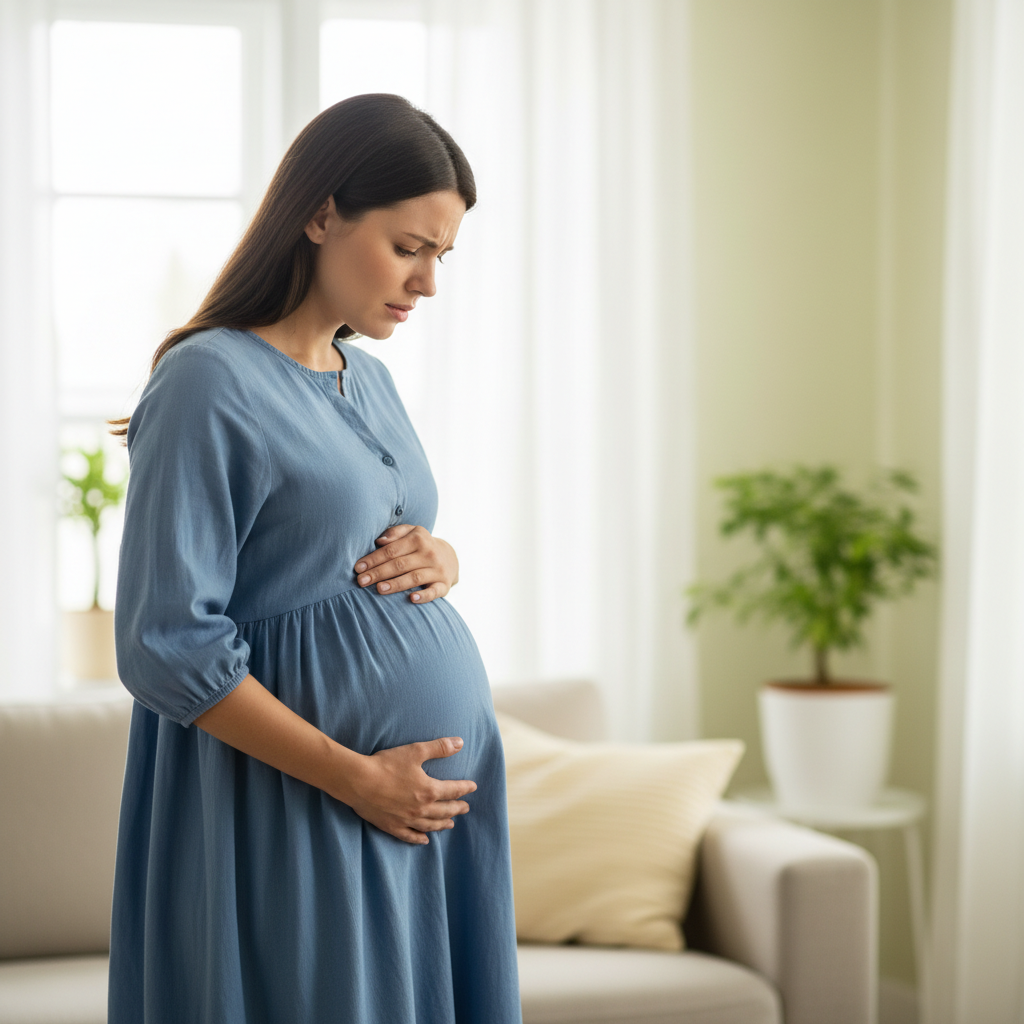 Bà bầu cảm thấy khó chịu và lo lắng về cơn đau bụng.