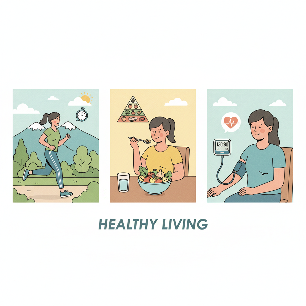 Hình minh họa các hoạt động lối sống lành mạnh, như tập thể dục, ăn uống lành mạnh và kiểm tra huyết áp.