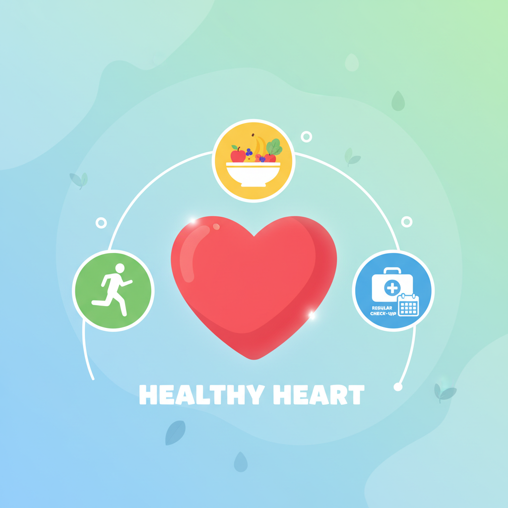 Ý tưởng về một trái tim khỏe mạnh với hình ảnh biểu tượng cho việc tập thể dục, ăn uống lành mạnh và kiểm tra sức khỏe định kỳ.