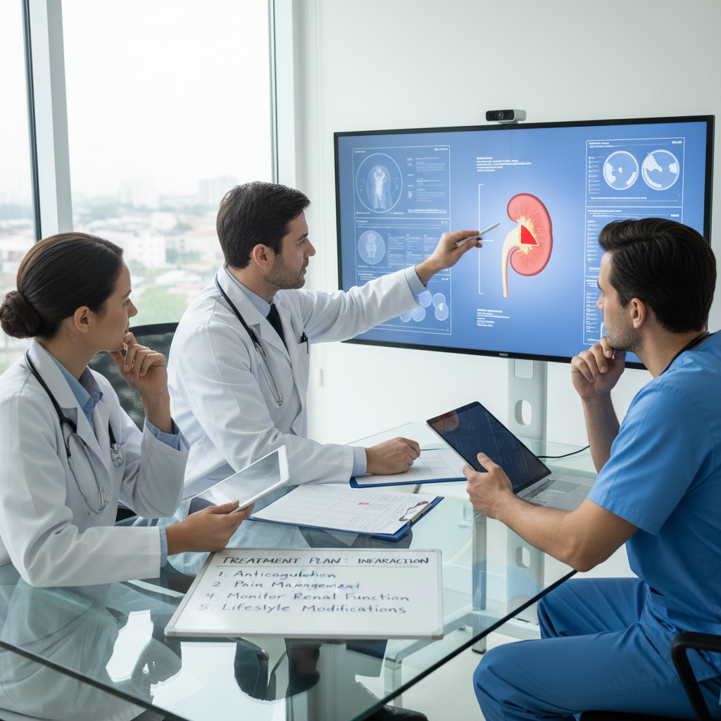 Các bác sĩ thảo luận về kế hoạch điều trị bệnh nhân nhồi máu thận trong văn phòng y tế