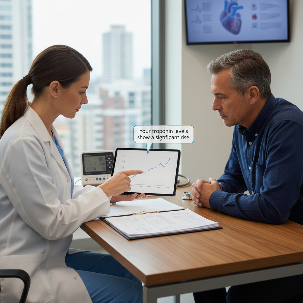 Bác sĩ kiểm tra nồng độ troponin của bệnh nhân.
