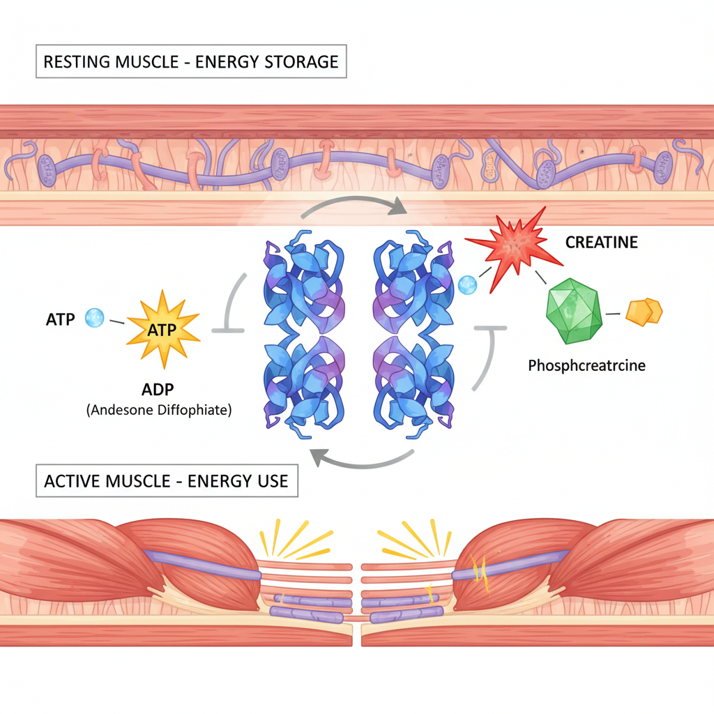 Hình minh họa của enzyme Creatine Kinase và vai trò của nó trong chuyển hóa cơ.