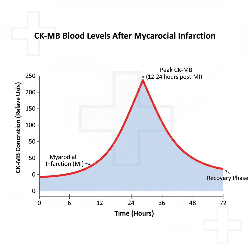 Sơ đồ cho thấy sự tăng cao của CKMB sau cơn nhồi máu cơ tim và sự phục hồi của nó trong máu.