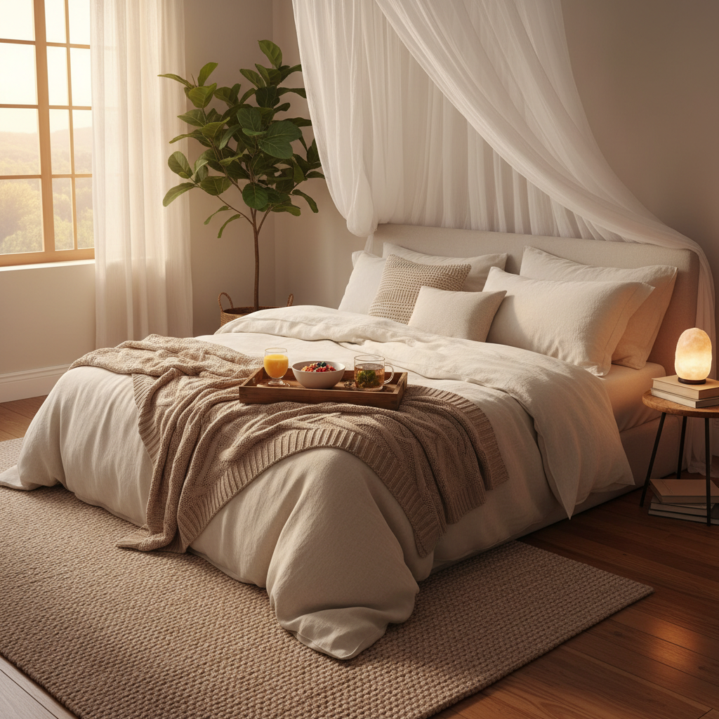 Một phòng ngủ yên tĩnh với một chiếc giường ấm cúng và một bữa ăn lành mạnh ở gần.