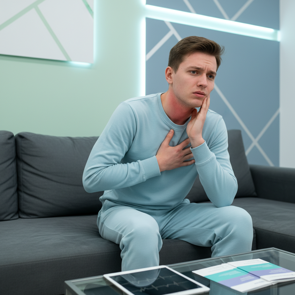 Người trẻ ôm ngực, biểu hiện đau ngực/đau hàm và khó chịu bụng - minh họa dấu hiệu nhồi máu không điển hình