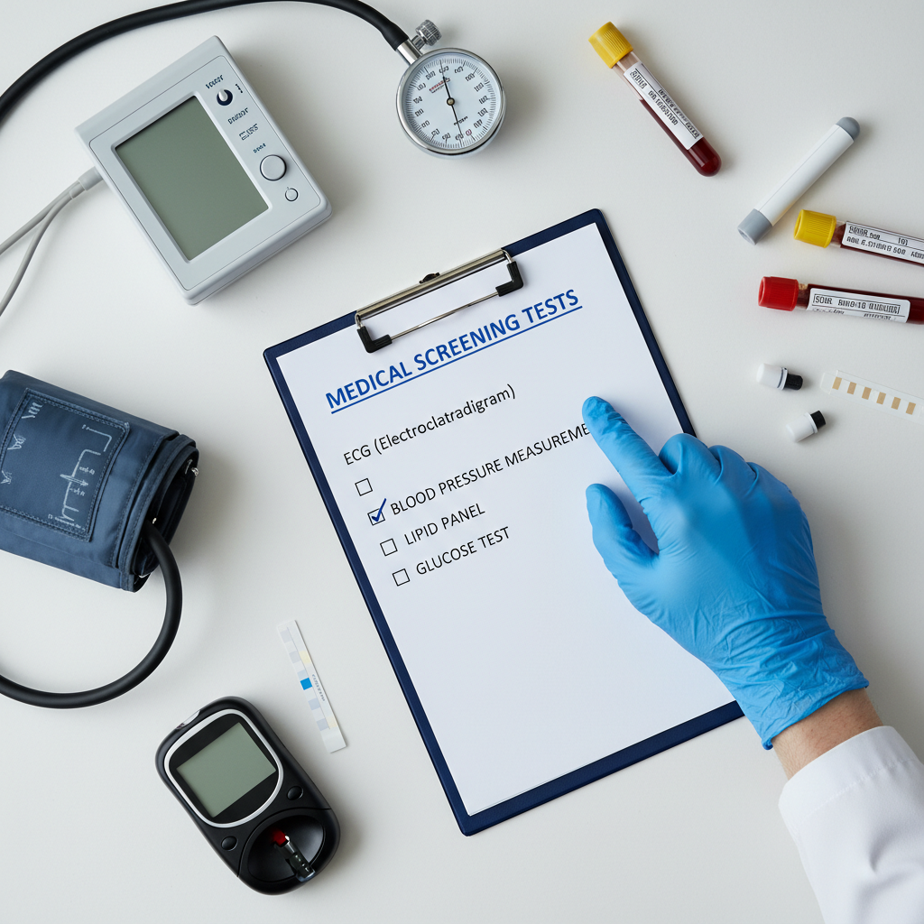 Bảng kiểm tra sàng lọc tim mạch: ECG, đo huyết áp, xét nghiệm mỡ máu và đường huyết - minh họa các xét nghiệm cần làm
