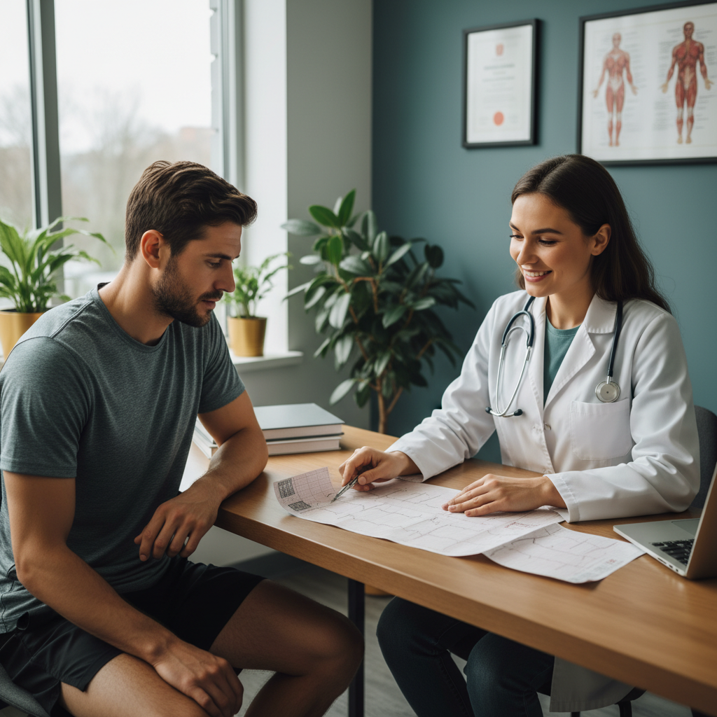 Bác sĩ tư vấn cho vận động viên, có kết quả ECG trên bàn - minh họa sàng lọc trước khi tập nặng