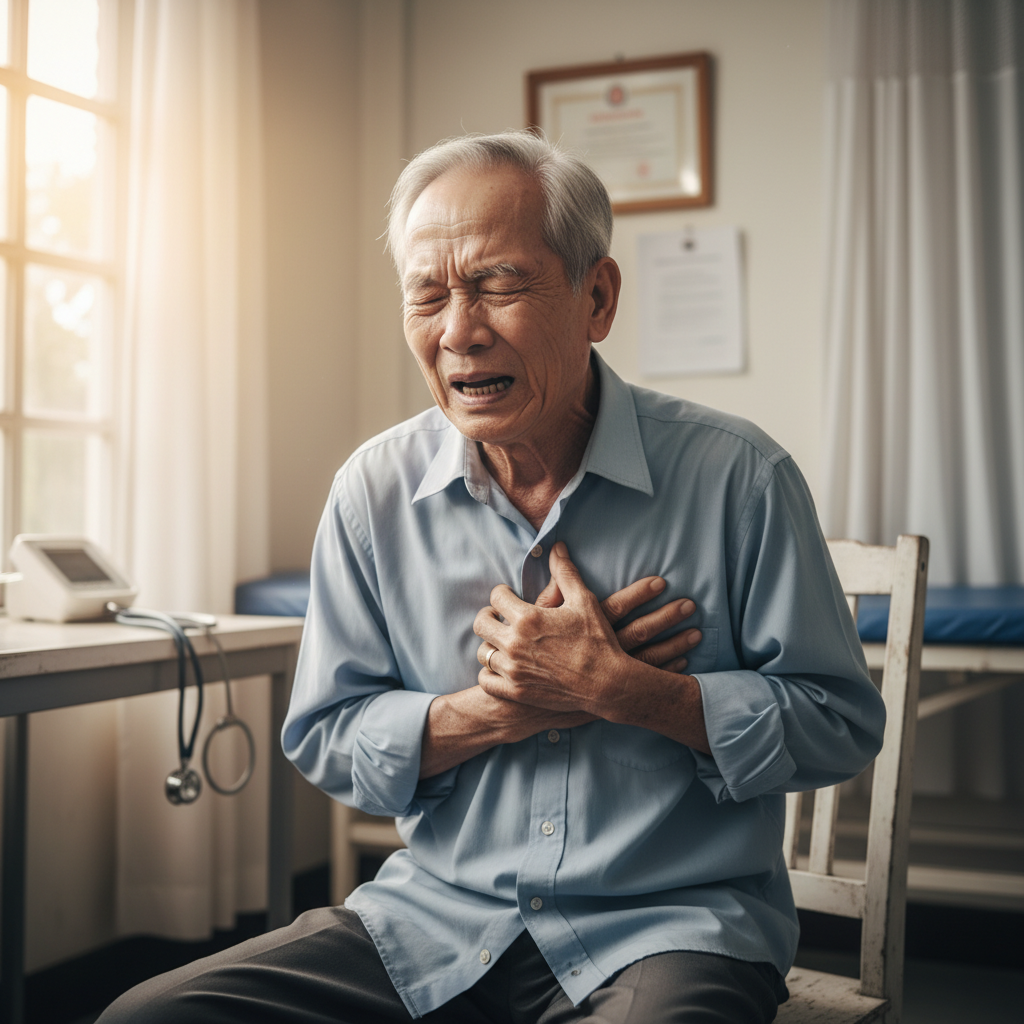Người cao tuổi ôm ngực, biểu hiện đau ngực/khó thở