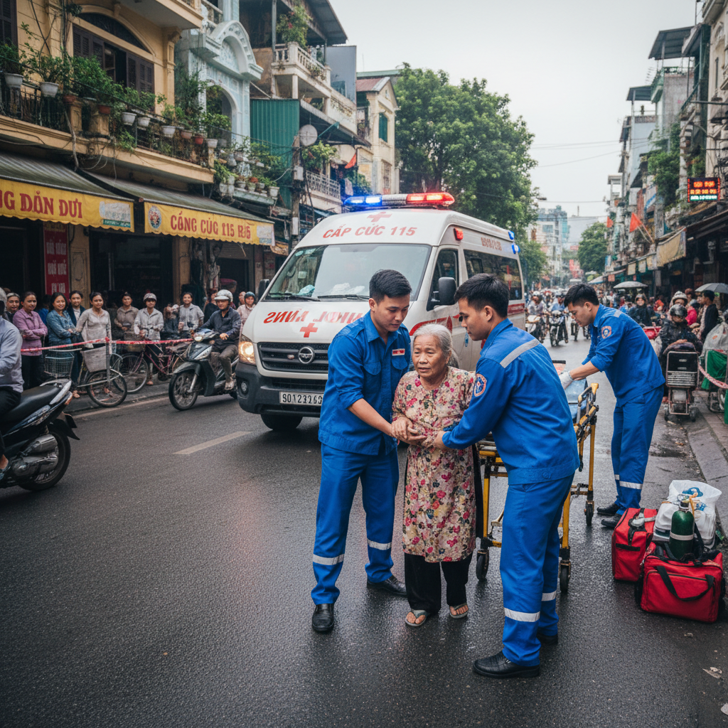 Xe cấp cứu và nhân viên y tế đang hỗ trợ người cao tuổi
