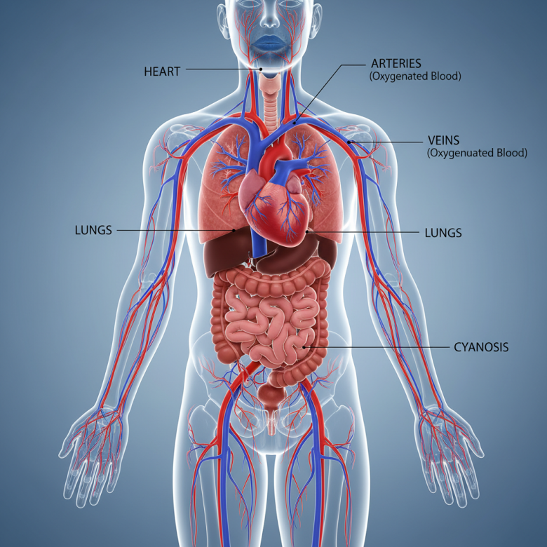 Minh họa y học: tim và tuần hoàn kèm vùng da tím ở môi, đầu ngón tay
