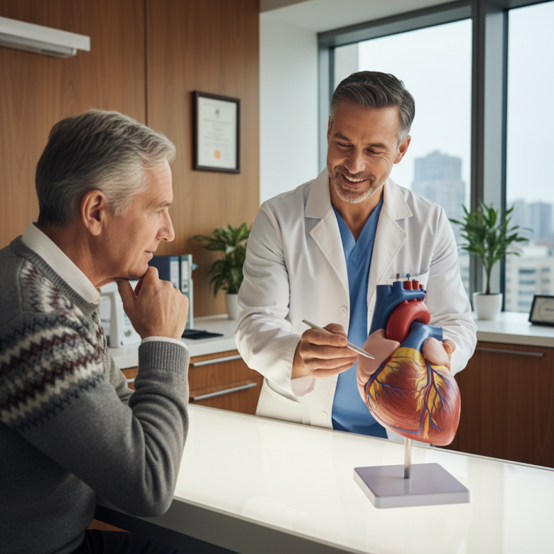 Bác sĩ tim mạch đang ân cần tư vấn cho bệnh nhân lớn tuổi, chỉ vào mô hình tim để giải thích về mạch máu