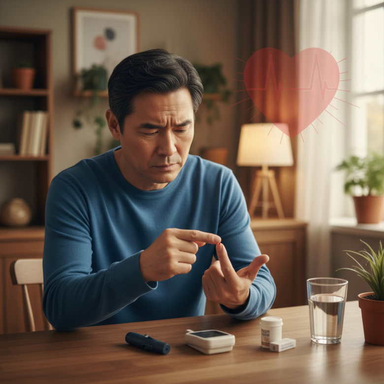Hình minh họa người trung niên châu Á bị tiểu đường đang kiểm tra đường huyết với vẻ mặt lo lắng, hậu cảnh có bóng mờ hình trái tim biểu thị nguy cơ tiềm ẩn