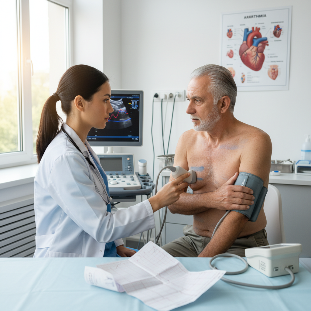 Bác sĩ kiểm tra bệnh nhân có dấu hiệu tim mạch tại phòng khám