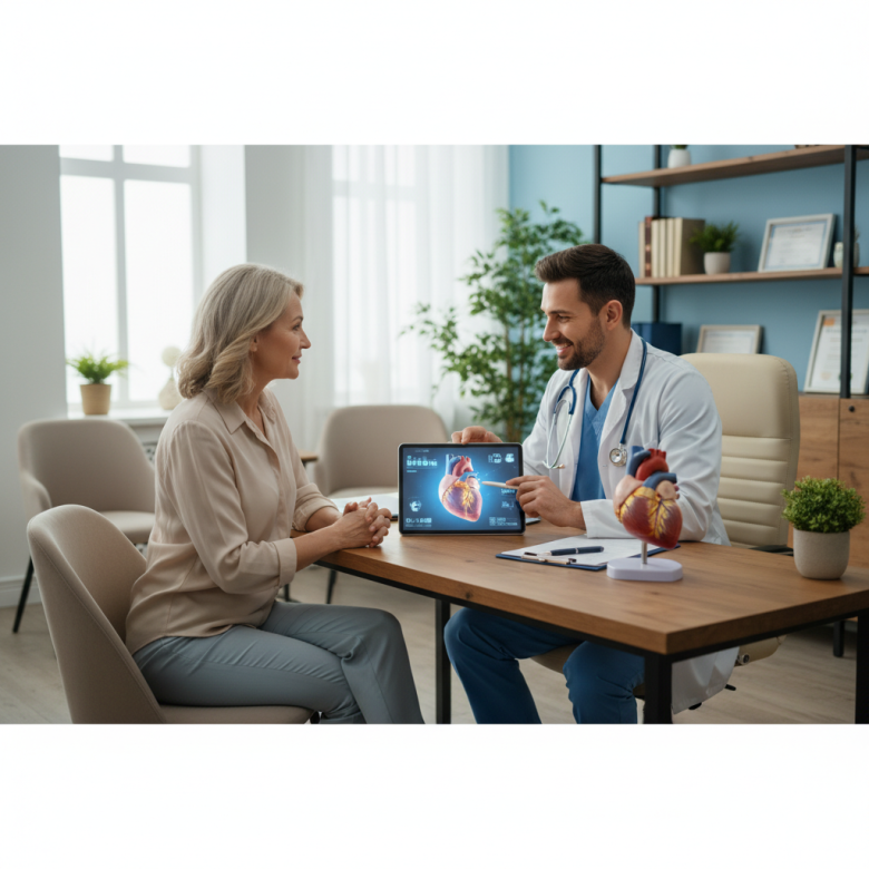 Bác sĩ đang tư vấn ân cần cho bệnh nhân, không gian phòng khám ấm cúng, thể hiện sự an tâm.