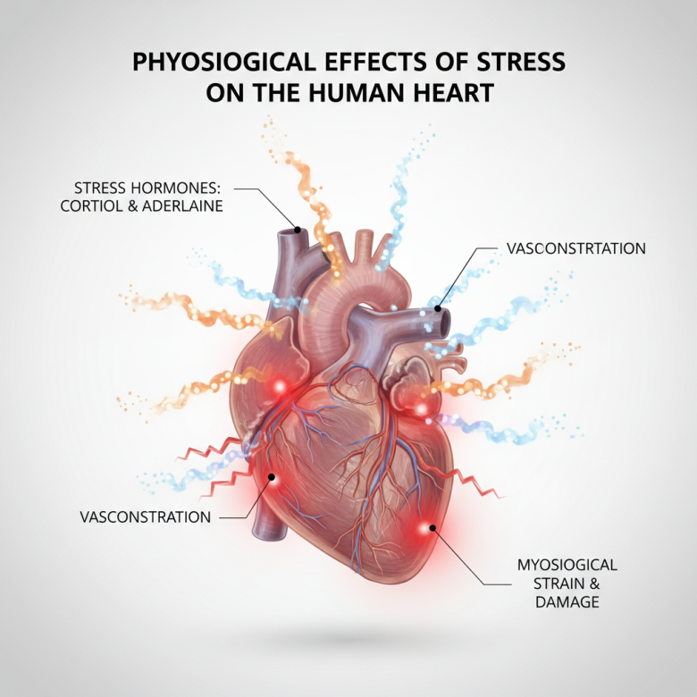 Minh họa cơ chế stress ảnh hưởng đến tim, hình ảnh giải phẫu cách điệu cho thấy hormone căng thẳng tác động lên mạch máu và tim.