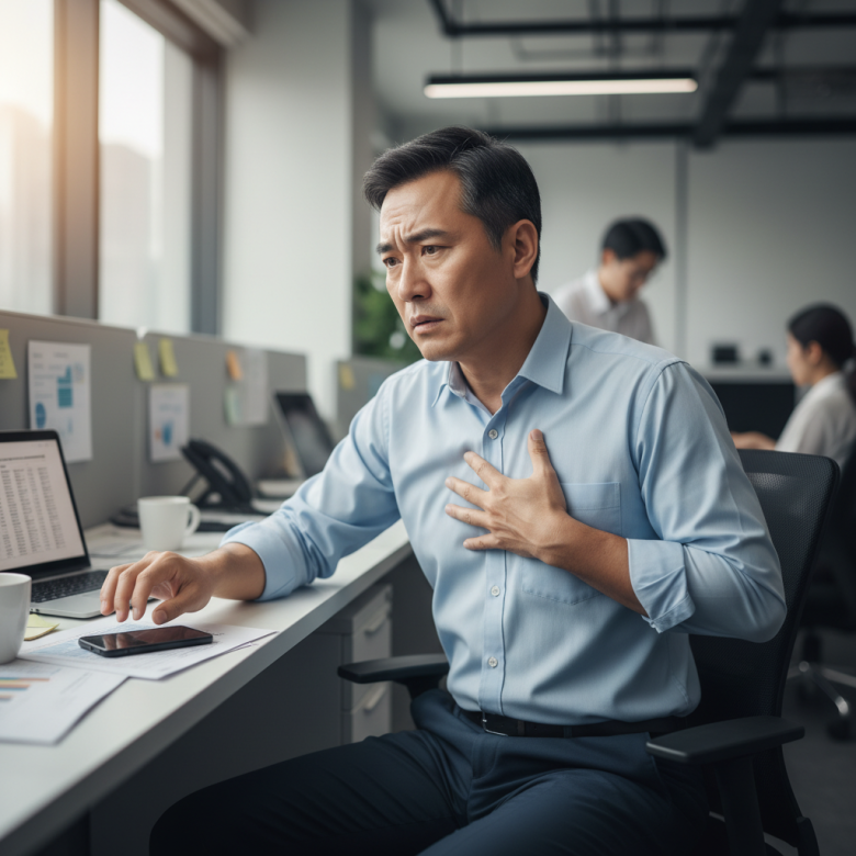 Người đàn ông trung niên ôm ngực với biểu cảm lo lắng, bối rối không biết là do stress hay đau tim, bối cảnh văn phòng.