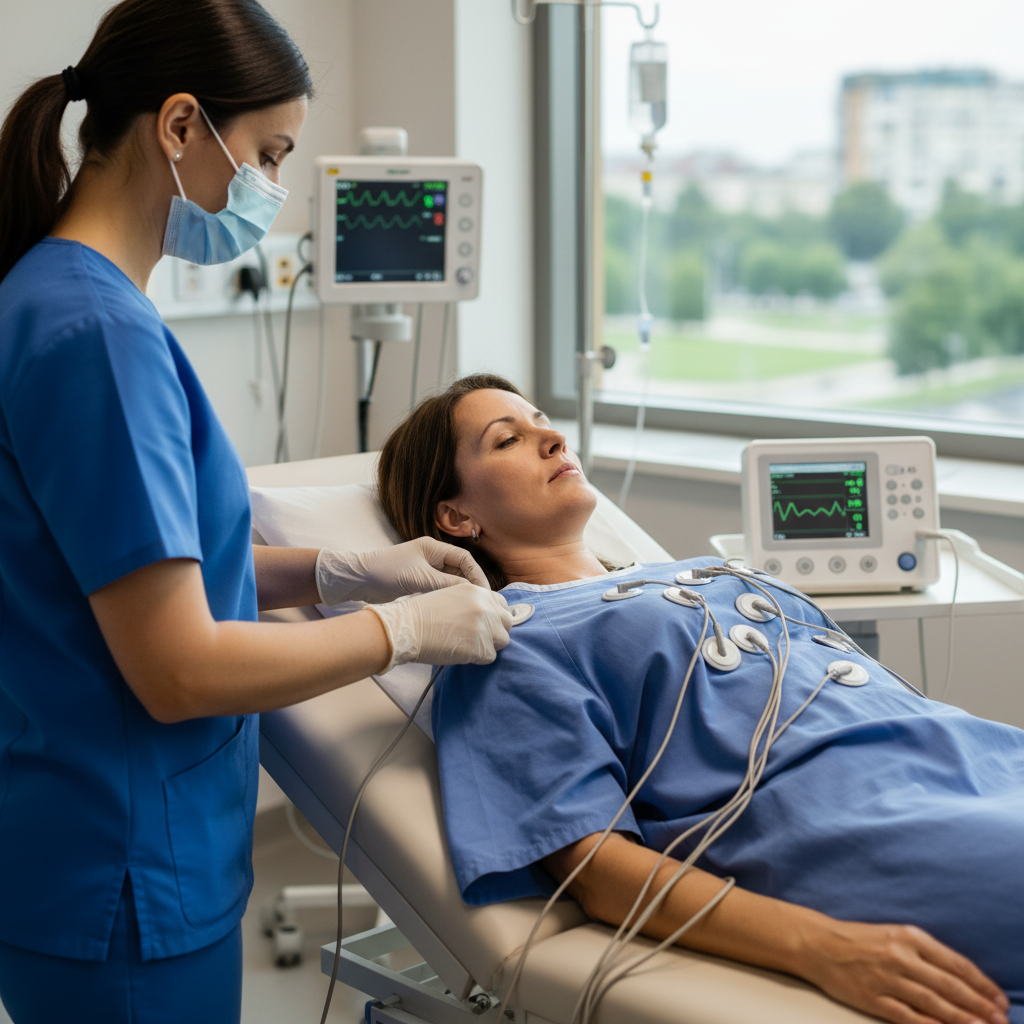 Một người đang làm xét nghiệm điện tâm đồ tại bệnh viện, cho thấy các điện cực gắn lên ngực.