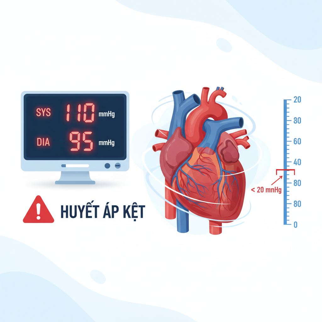 Infographic minh họa về huyết áp kẹt và chỉ số huyết áp trên màn hình đo