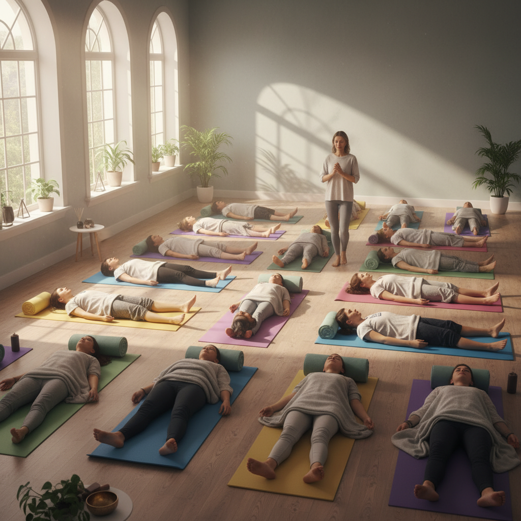 Một lớp học yoga với mọi người thực hành các kỹ thuật thư giãn