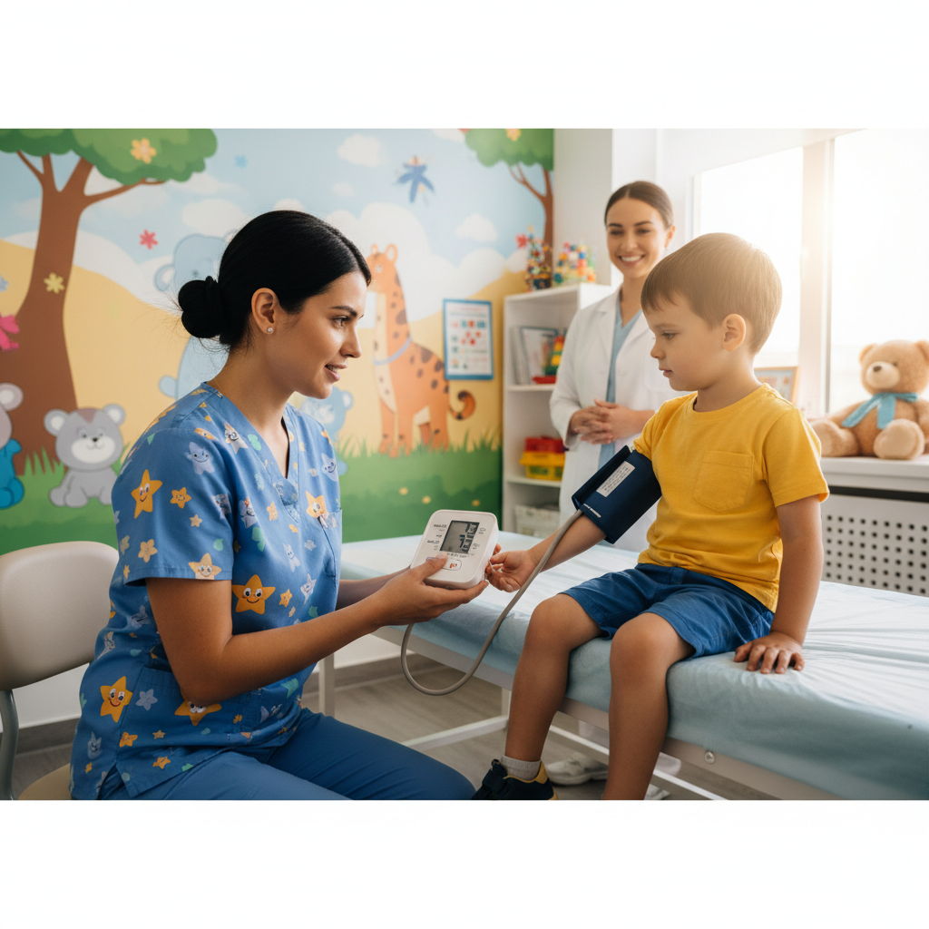 Bác sĩ nhi khoa đang kiểm tra huyết áp của trẻ em bằng máy đo điện tử tại phòng khám.