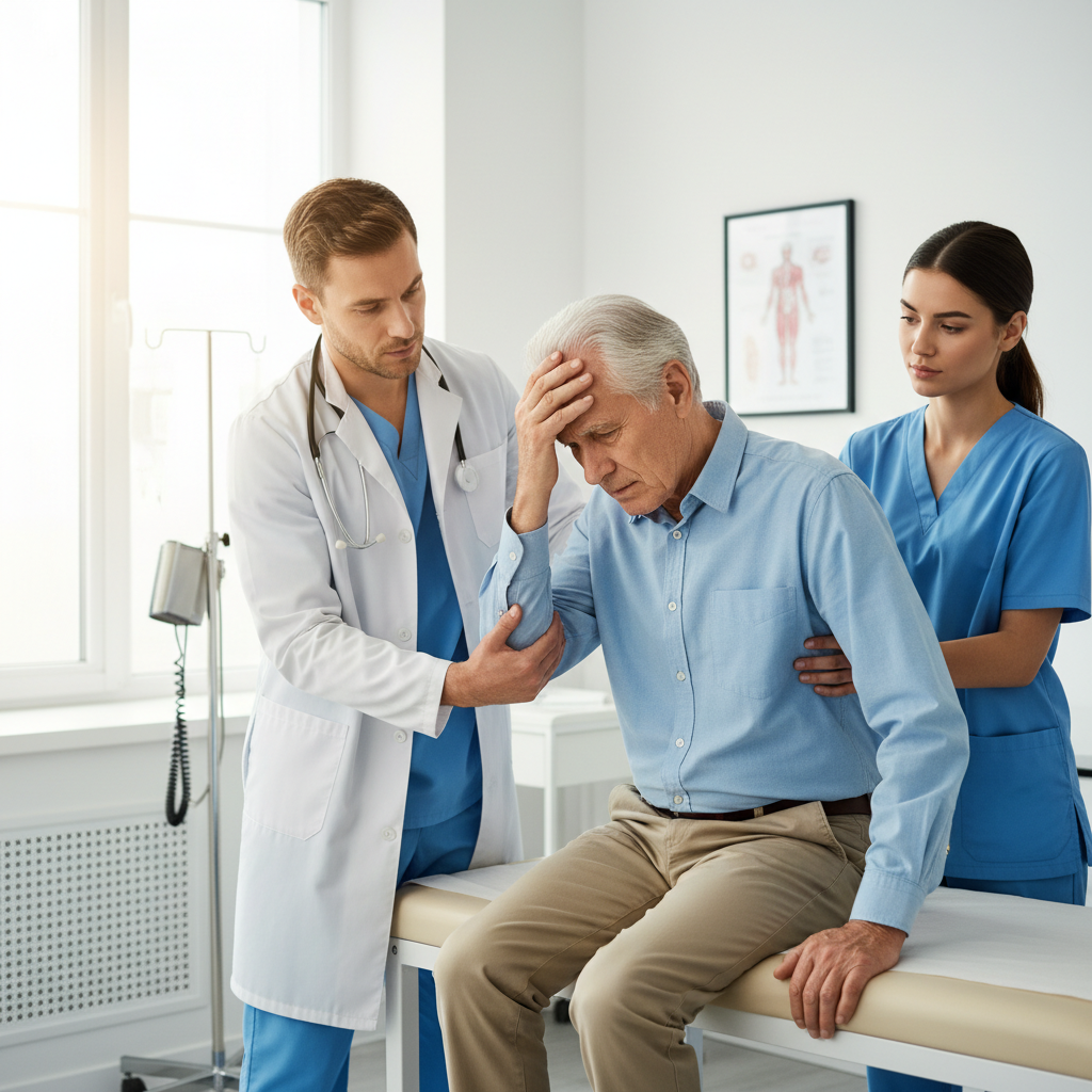 Người cao tuổi bị chóng mặt khi đứng dậy và được bác sĩ hỗ trợ.