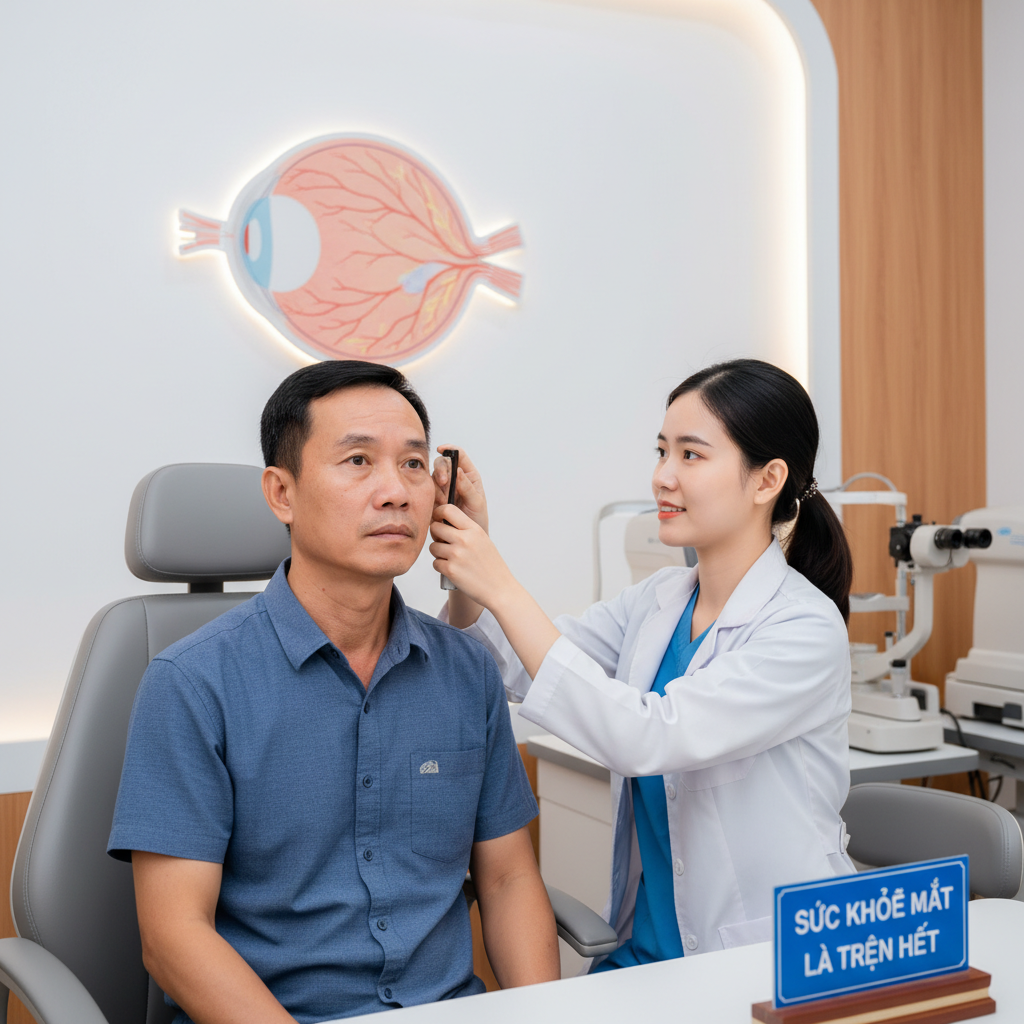 Hình ảnh người đàn ông trung niên kiểm tra mắt định kỳ với bác sĩ