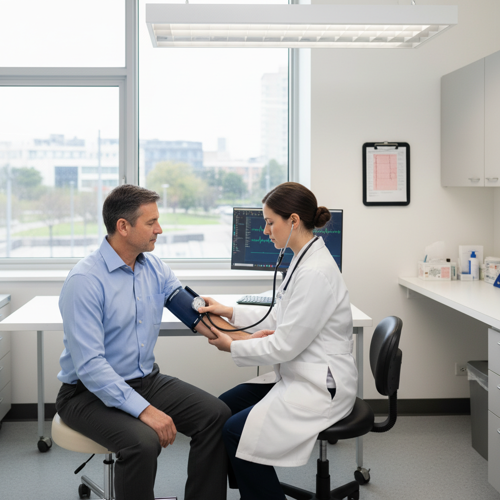 Bác sĩ kiểm tra huyết áp cho bệnh nhân để theo dõi tình trạng tim mạch.