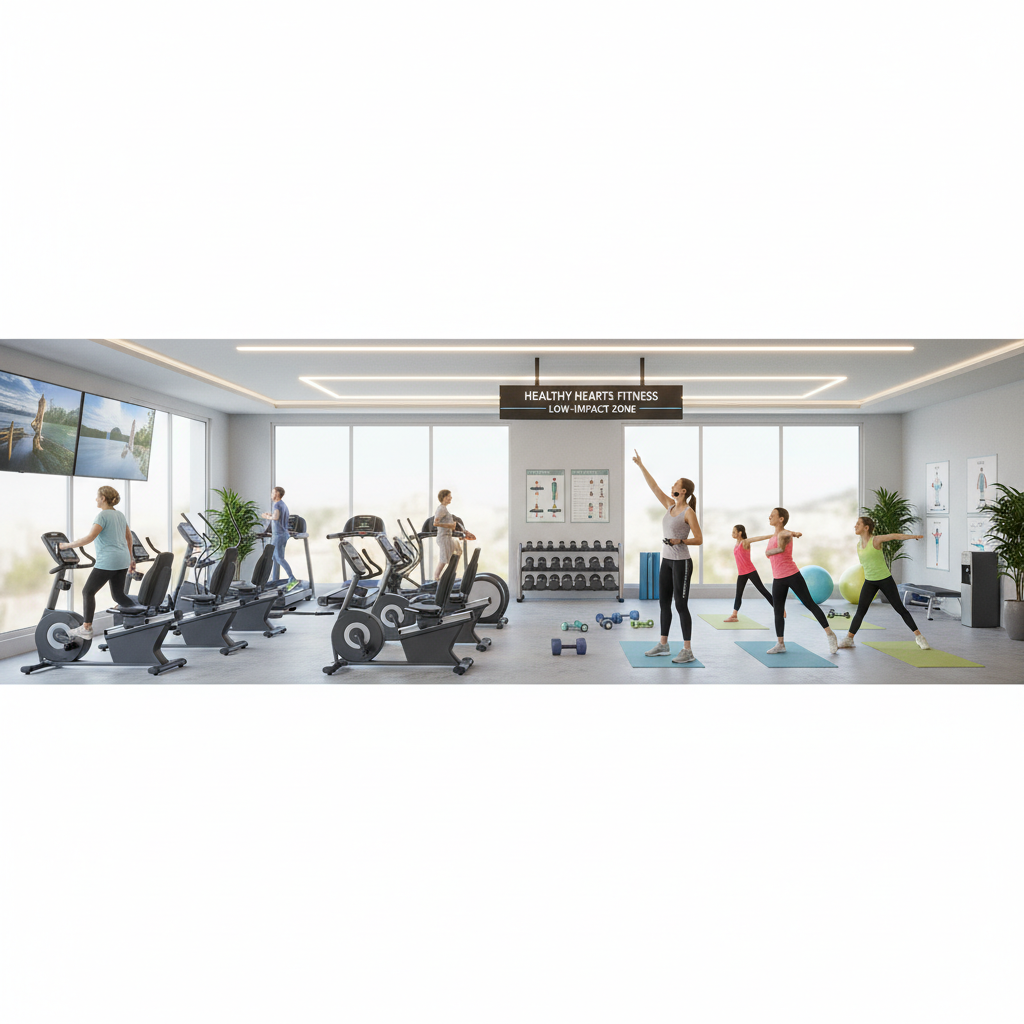 Môi trường phòng gym thân thiện, thiết bị đa dạng cho cuộc sống lành mạnh, phù hợp với người cao huyết áp.