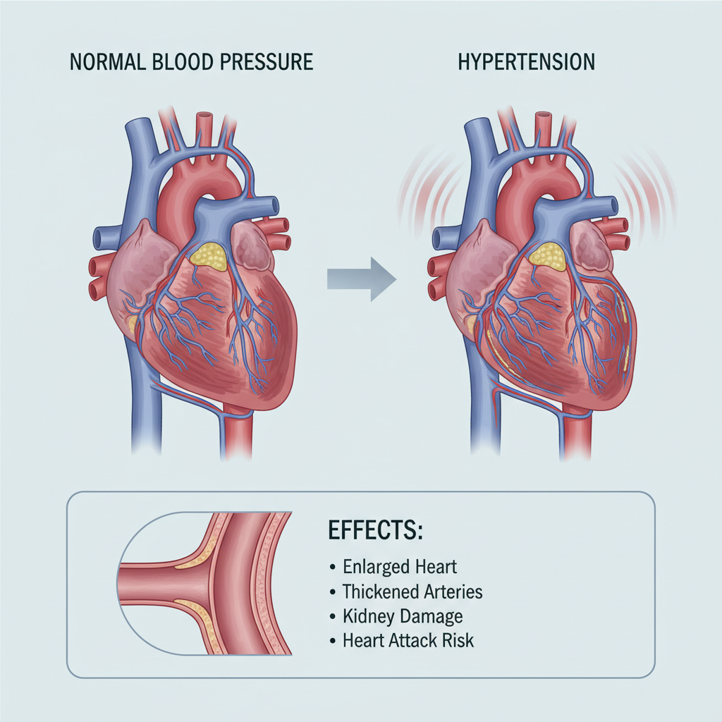 Hình minh họa về tăng huyết áp và ảnh hưởng đến tim mạch