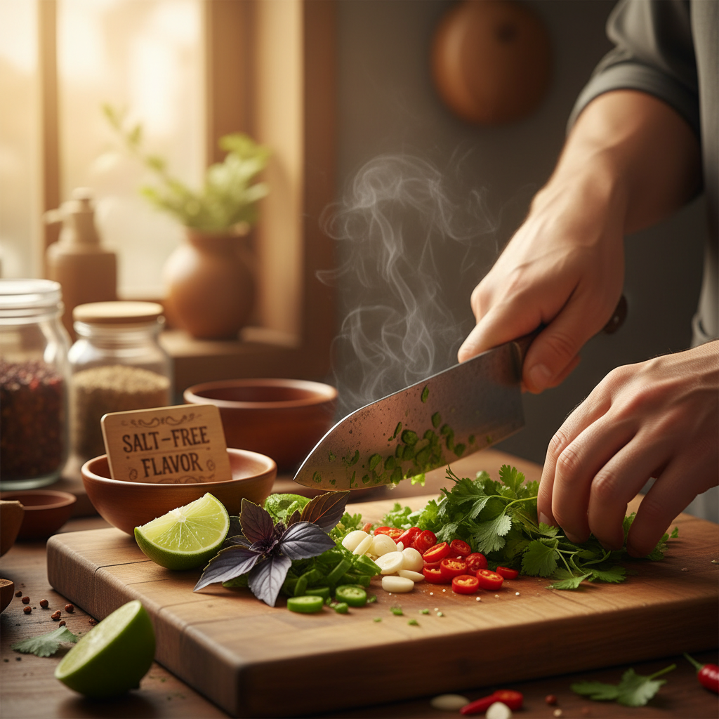 Thảo mộc và gia vị tươi thay thế muối: ngò, húng, tỏi, ớt và chanh.