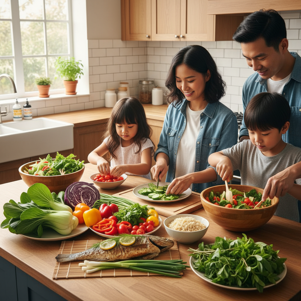 Gia đình Việt nấu bữa ăn lành mạnh với rau tươi, cơm gạo lứt và cá nướng