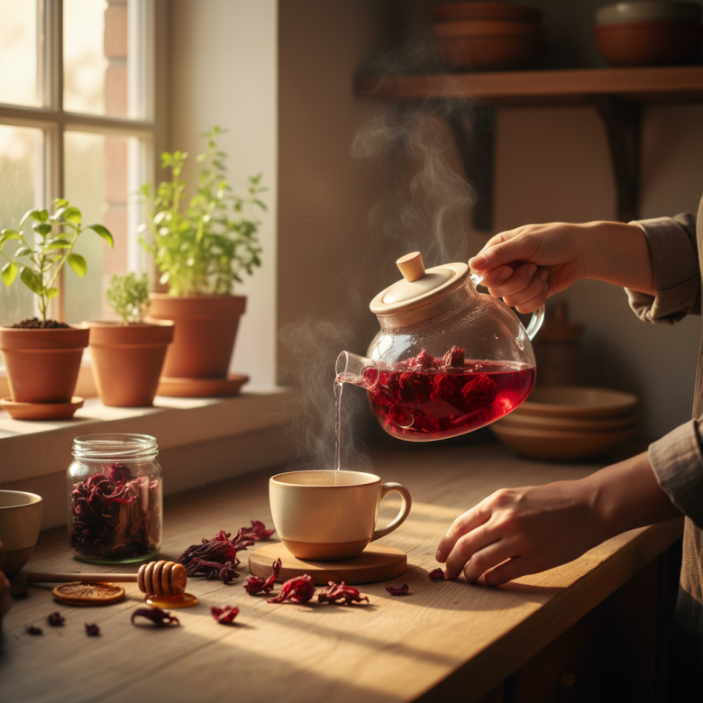 Cách pha trà hibiscus tại nhà: rót nước nóng vào hoa hibiscus khô.