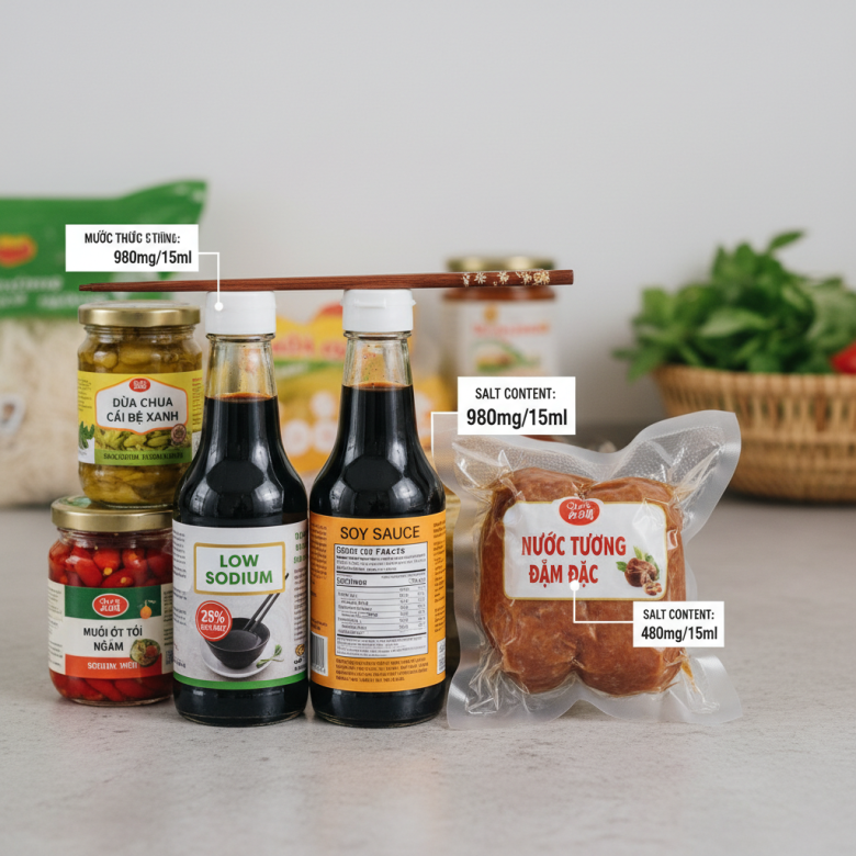 Nguồn muối ẩn trong thực phẩm chay Việt: nước tương, thực phẩm giả thịt đóng gói và đồ muối chua.