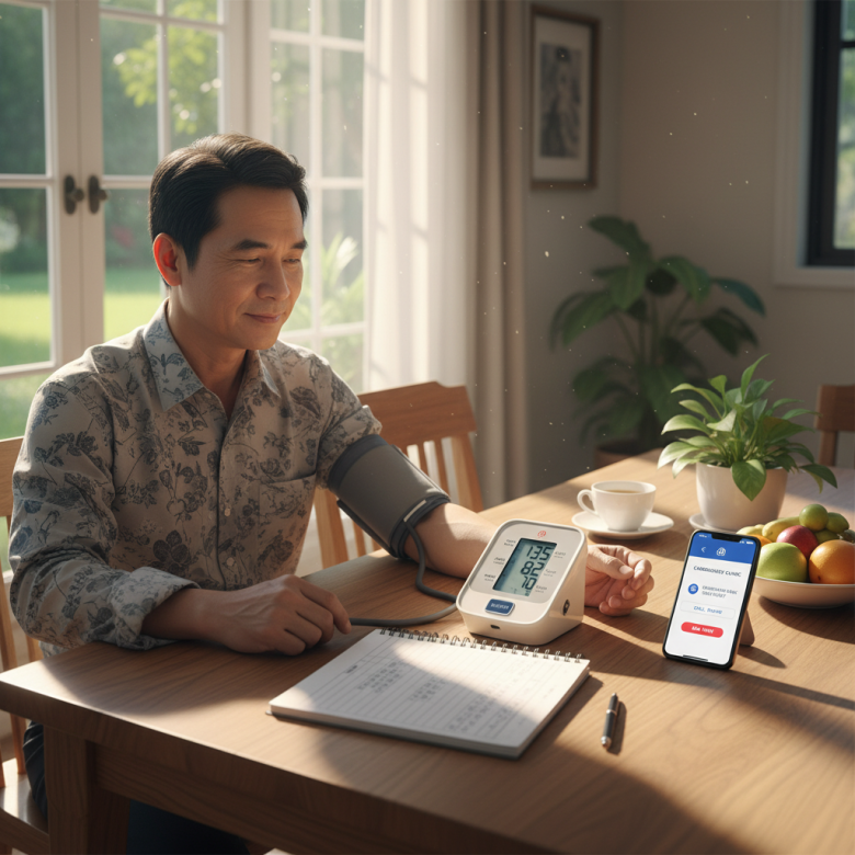 Người đo huyết áp tại nhà và ghi nhật ký, sẵn sàng liên hệ bác sĩ tim mạch.