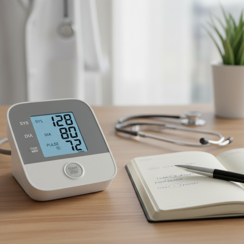 Cận cảnh máy đo huyết áp điện tử hiển thị chỉ số rõ ràng, bên cạnh là một cuốn sổ tay ghi chép nhật ký sức khỏe và một cây bút.