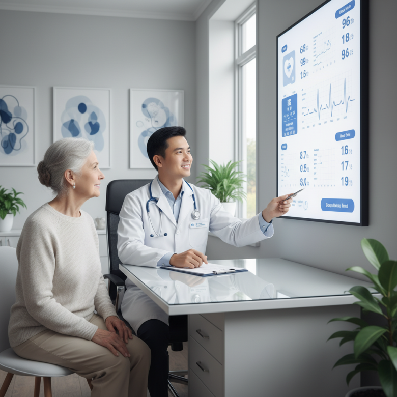 Bác sĩ nam ân cần tư vấn cho bệnh nhân lớn tuổi về kết quả đo huyết áp, không gian phòng khám hiện đại, chuyên nghiệp.