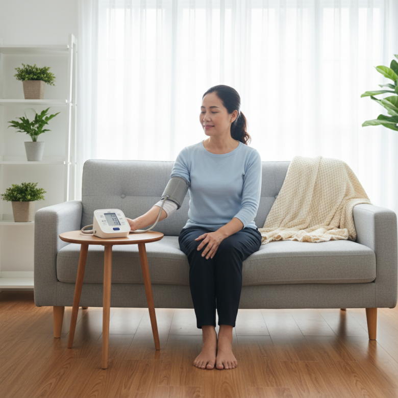 Một người phụ nữ Việt Nam trung niên đang ngồi thư giãn trên ghế sofa, đo huyết áp bằng máy đo điện tử bắp tay, tư thế ngồi thẳng lưng, chân chạm đất, không khí yên tĩnh và thoải mái.