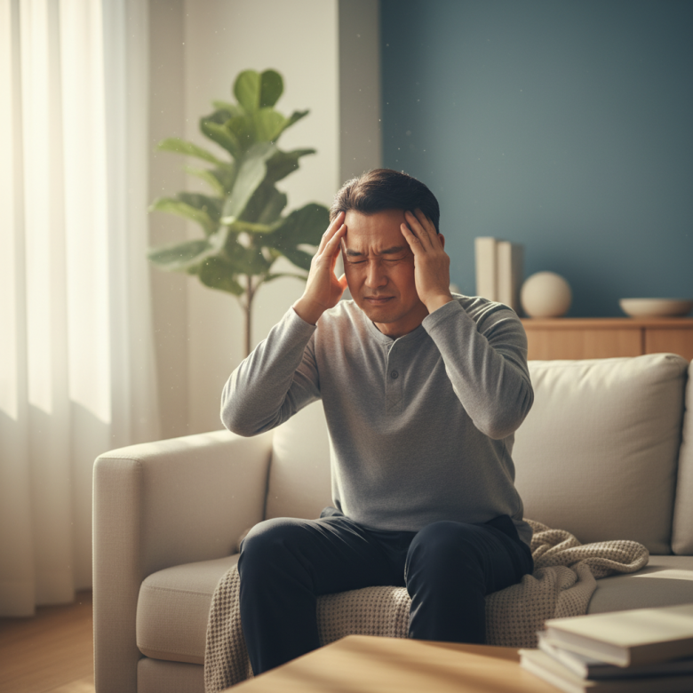 Người đàn ông trung niên đang ôm đầu với vẻ mặt hơi khó chịu, hình ảnh hơi mờ ảo thể hiện sự chóng mặt và đau đầu nhẹ, bối cảnh trong phòng khách gia đình vào buổi sáng.