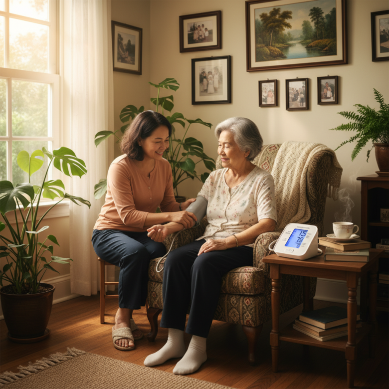 Một phụ nữ lớn tuổi thư giãn đo huyết áp tại nhà với sự giúp đỡ của con gái, thể hiện sự bình yên và không lo âu