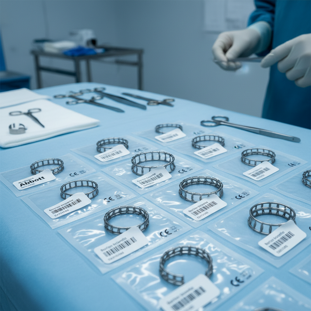 Ảnh minh họa các loại stent mạch vành khác nhau trên khay vô trùng, hiển thị tên hãng