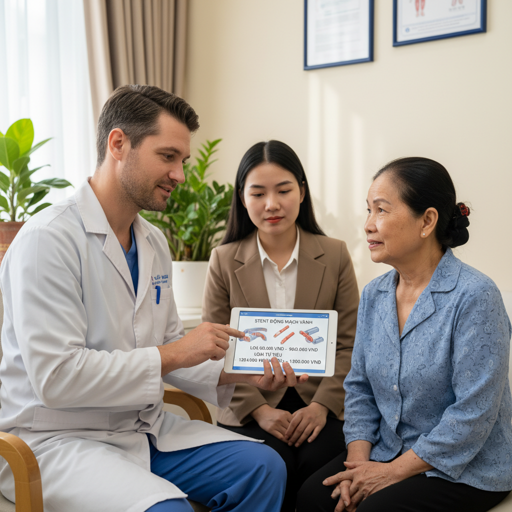 Bác sĩ tư vấn cho bệnh nhân Việt Nam về lựa chọn stent và chi phí trong phòng khám