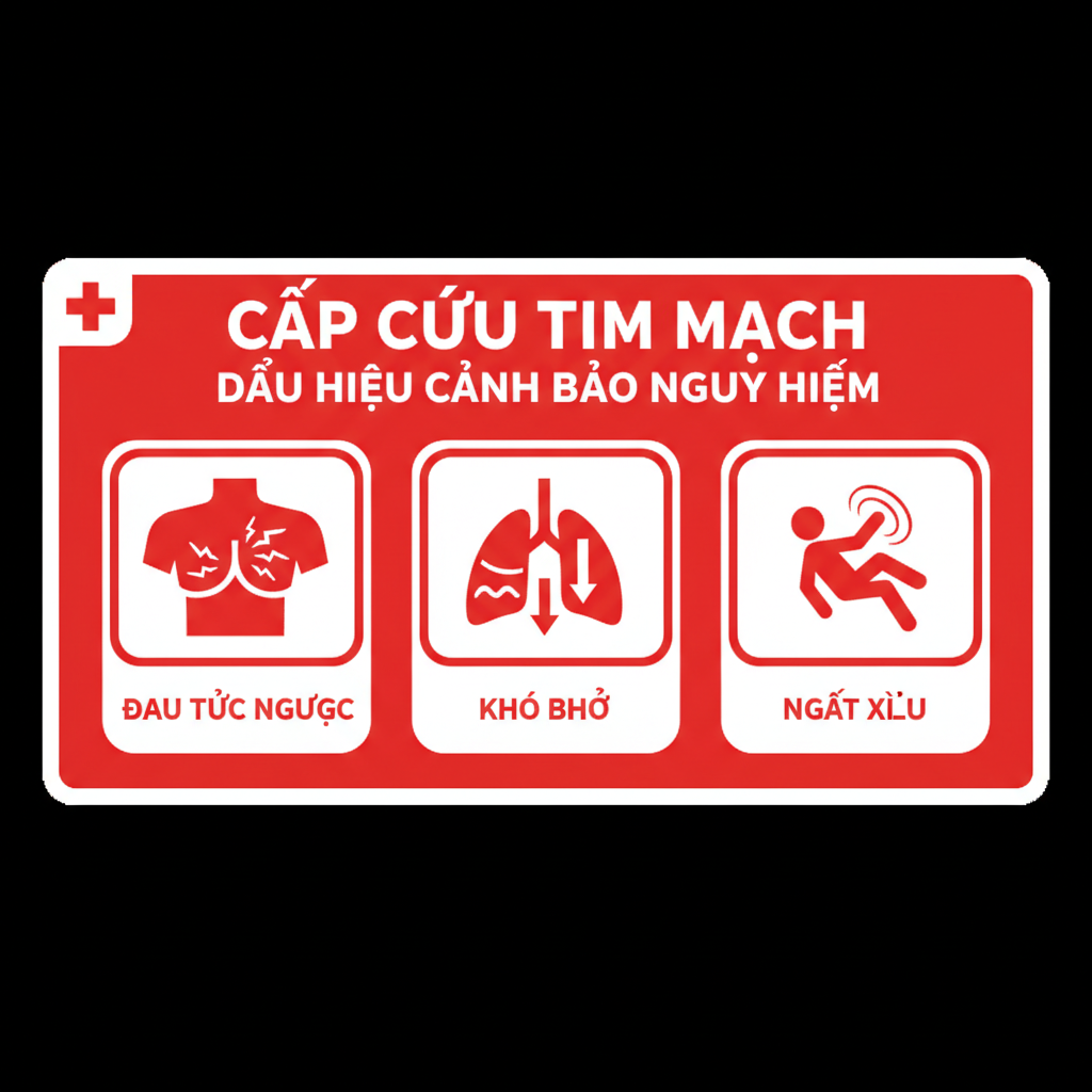 Infographic dấu hiệu cảnh báo cần cấp cứu tim: đau ngực, khó thở, ngất - biểu tượng rõ ràng và nhãn tiếng Việt.