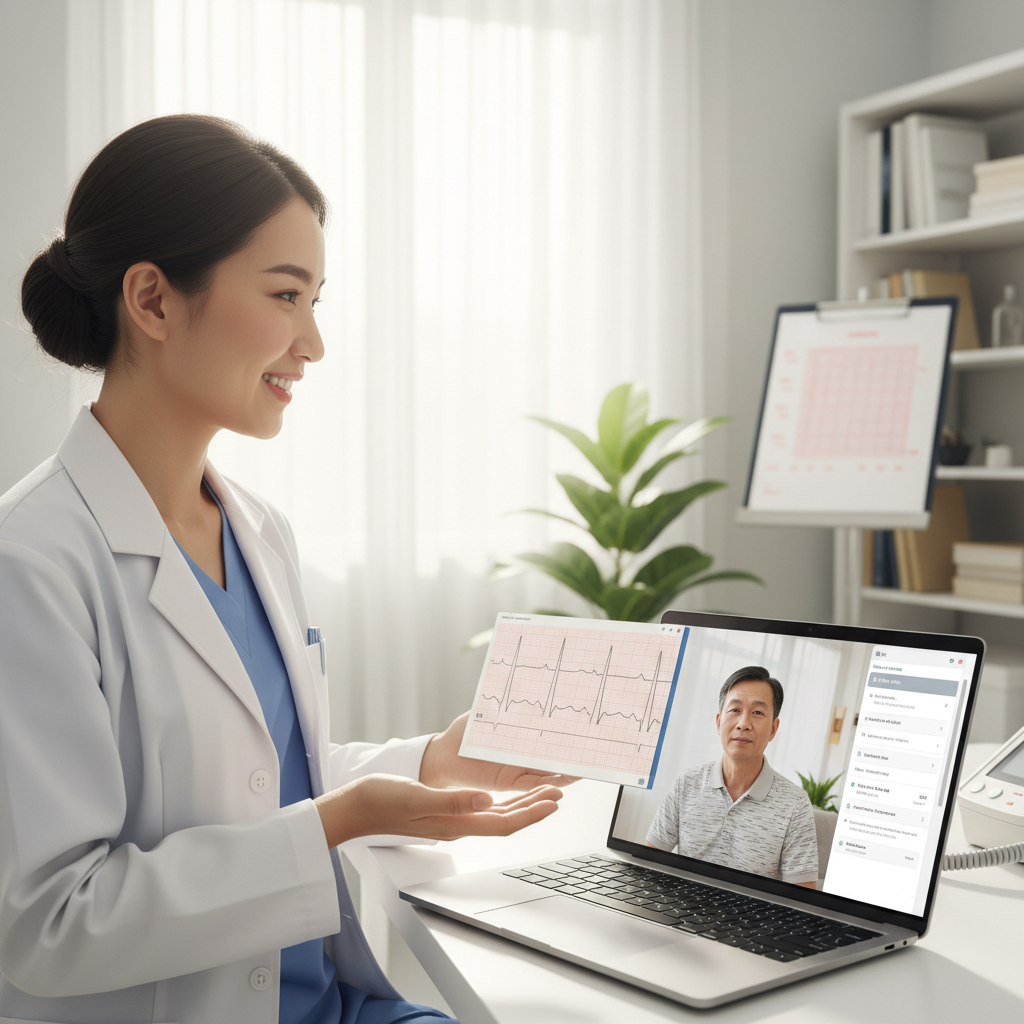 Bác sĩ tim mạch tư vấn trực tuyến qua video call với bệnh nhân trung niên; màn hình hiển thị điện tâm đồ và ghi chú y tế.