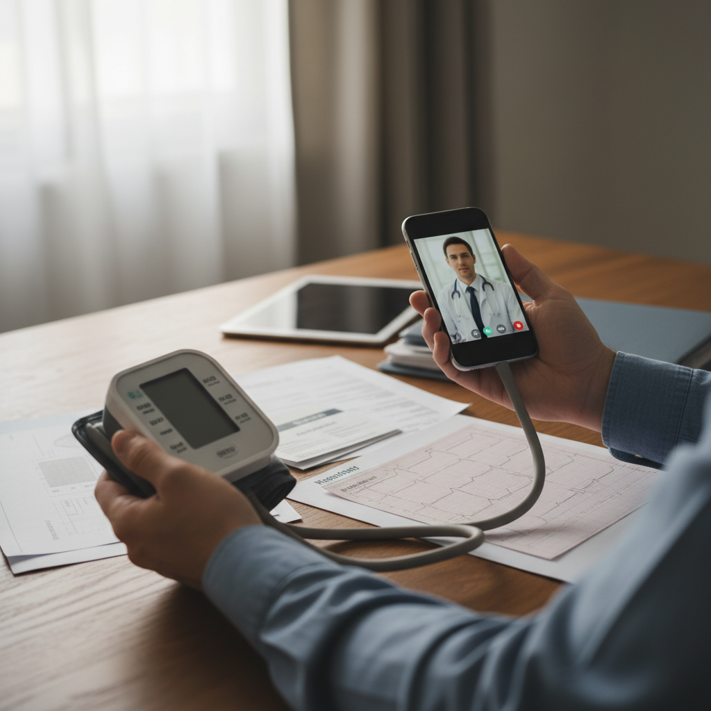 Bệnh nhân chuẩn bị buổi tư vấn online: cầm máy đo huyết áp tại nhà, điện thoại và hồ sơ y tế trên bàn.