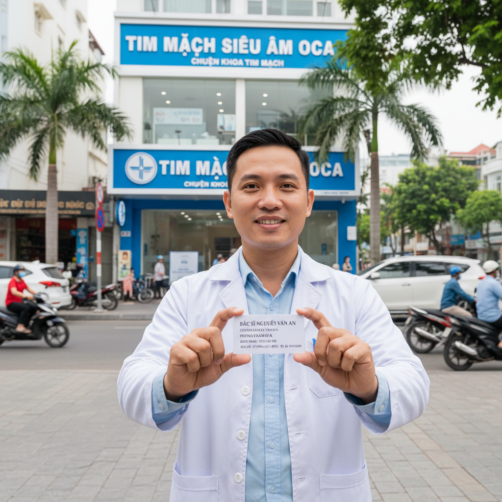Bác sĩ tim mạch cười, cầm thông tin liên hệ phòng khám Tim mạch Siêu âm OCA, biển hiệu phòng khám phía sau