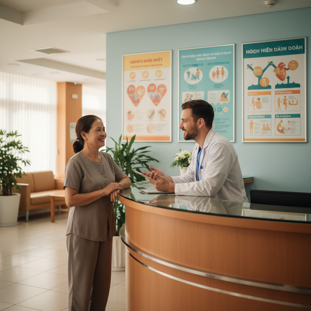 Bệnh nhân trao đổi với bác sĩ tim mạch tại bàn tiếp đón bệnh viện, bối cảnh thân thiện