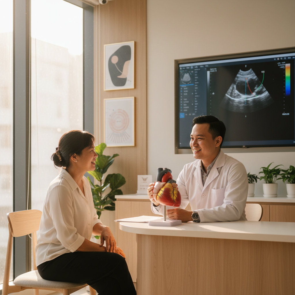 Bác sĩ tim mạch tư vấn cho bệnh nhân tại phòng khám ở TPHCM