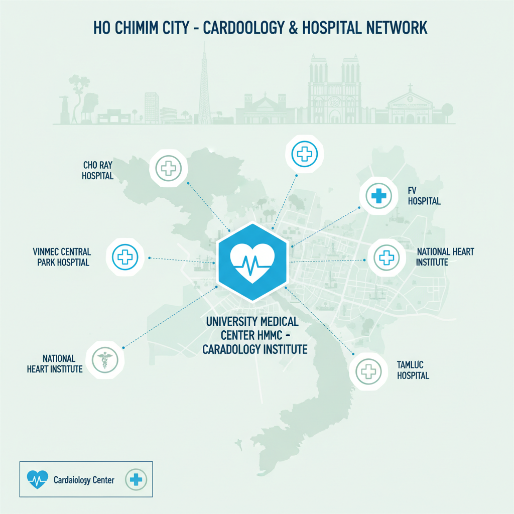 Bản đồ TPHCM minh họa các bệnh viện và trung tâm tim mạch