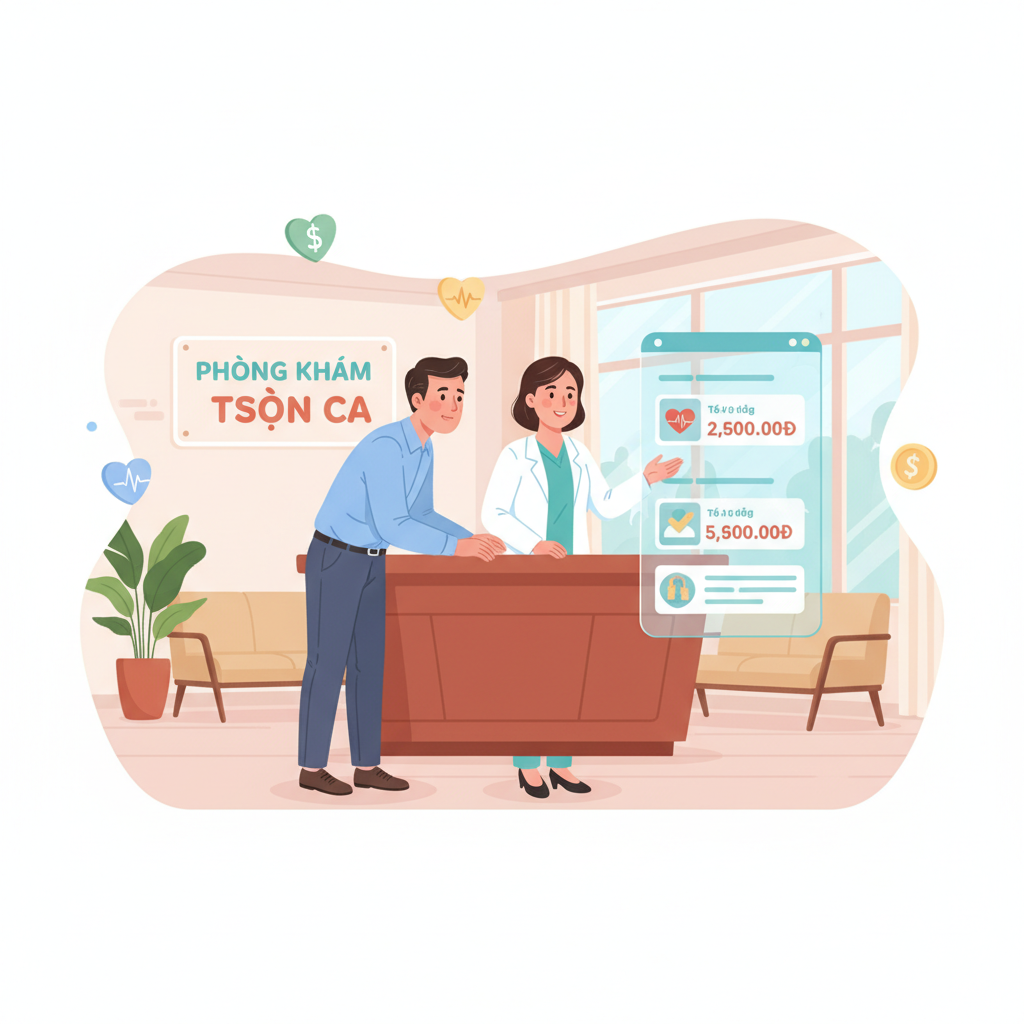 Bệnh nhân đang trao đổi chi phí xét nghiệm tim mạch tại quầy tiếp tân phòng khám (minh họa).